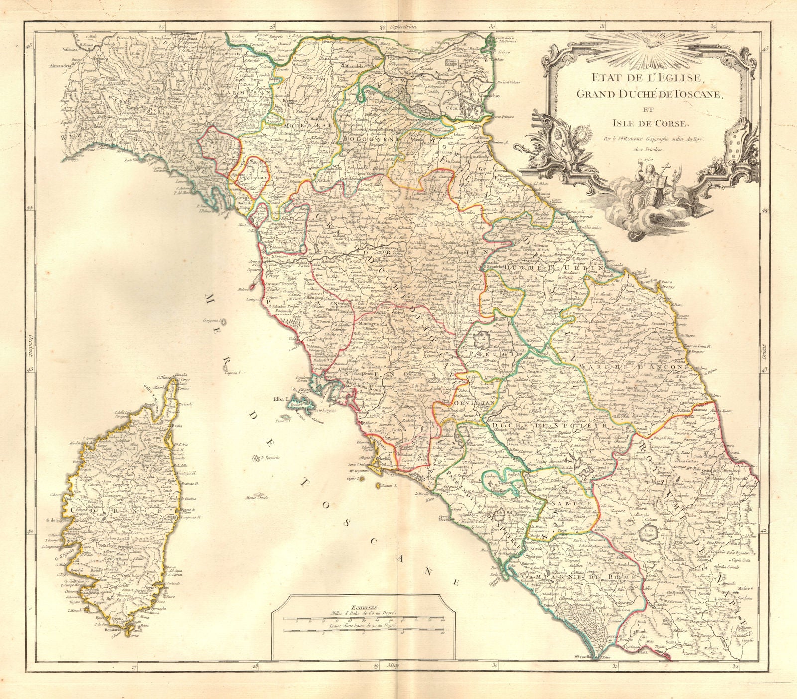 'Etat de l'Eglise, Grand Duché de Toscane et Isle de Corse' DE VAUGONDY 1750 map